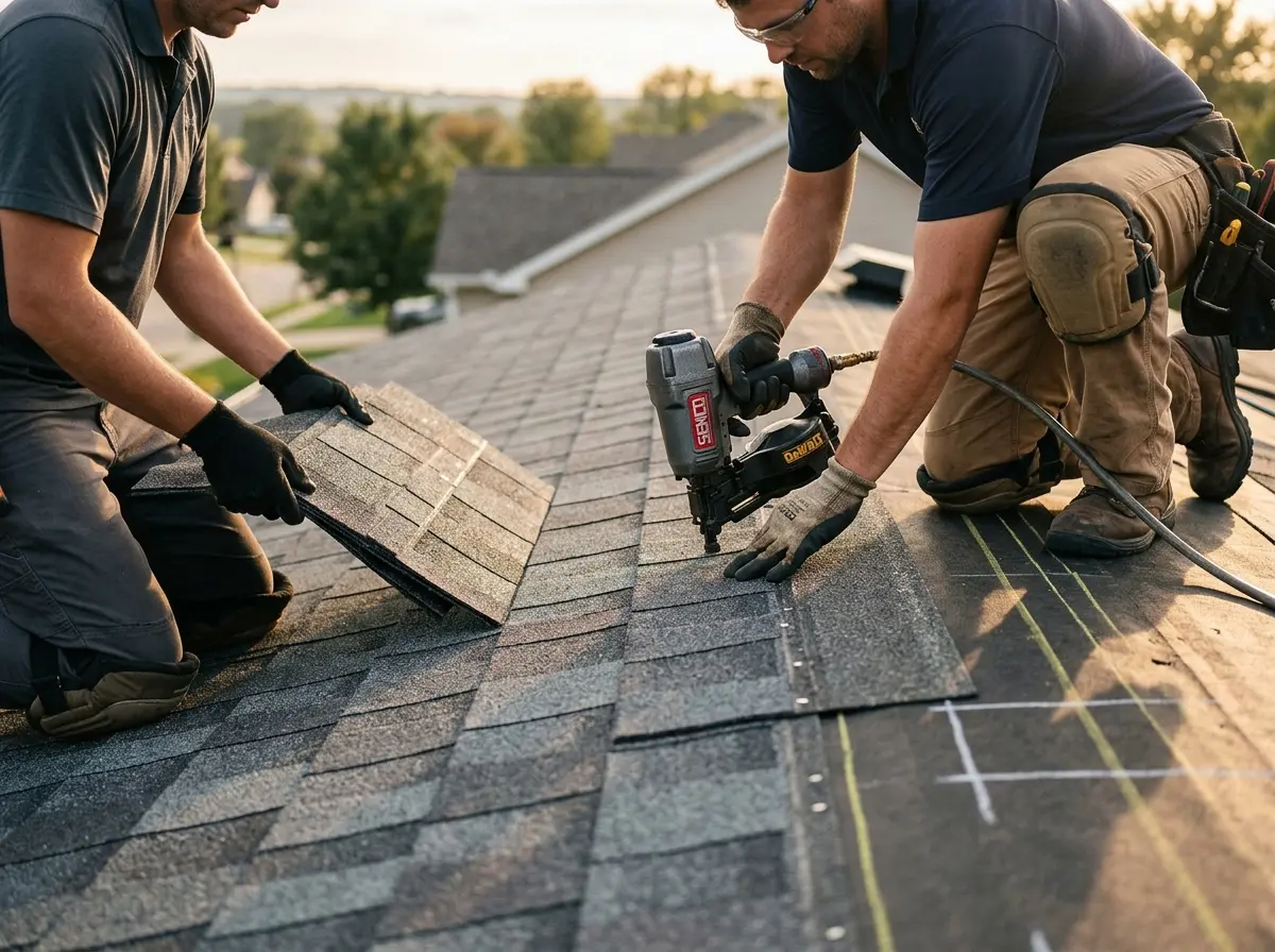 Professional roofer working on a residential roof in Streetsboro